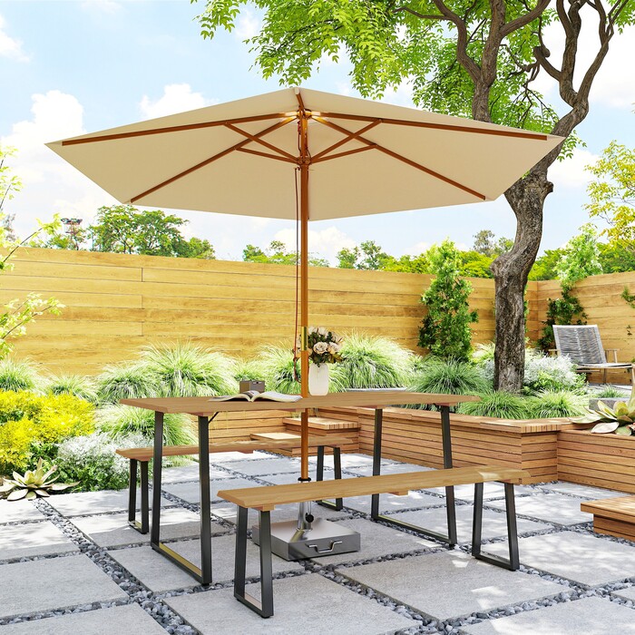 Outsunny Seating Group Дерев'яний обідній набір з 3 предметів на 6 персон Обідній стіл з 2 лавками Парасолька Отвір Обідній набір з дерев'яним столом Набір кухонних столів Балконні меблі Садові меблі для тераси, балкон Натуральне дерево | Аосом