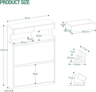 Шафа для взуття Hzuaneri з 2 дверцятами, 4 відділеннями, регульована, на 16 пар, для прихожого, передпокою, гардеробу, біла, 80 x 24.5 x 124.5 см, SR45303X