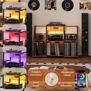 Підставка для програвача вінтаж велика з розеткою та LED-підсвіткою, тримач для платів, полиця для вінілу на 300 альбомів, для вітальні, спальні