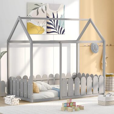Дитяче ліжко Merax 90x200 см із захистом від випадання, дитяче ліжко з ящиками та полицею для зберігання, міцне дерев'яне ліжко на дереві з рейковим каркасом, ігрове ліжко для хлопчиків і дівчаток, біле (80 x 160 см, сірий)