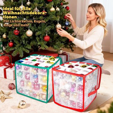 Коробка для прикрас на ялинку з регульованими перегородками, 64 відділення, 4 рівні (червоно-зелена)