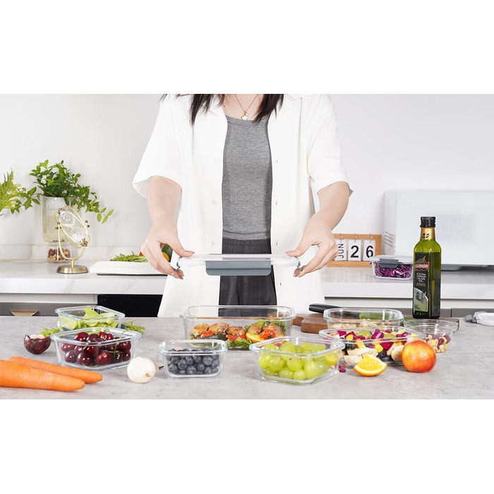 Набір контейнерів для зберігання продуктів Glas, 18 шт. (9 контейнерів, 9 кришок), безпечні для миття в посудомийній машині, мікрохвильовій печі та морозильній камері, з герметичним закриттям, без BPA, сірого кольору