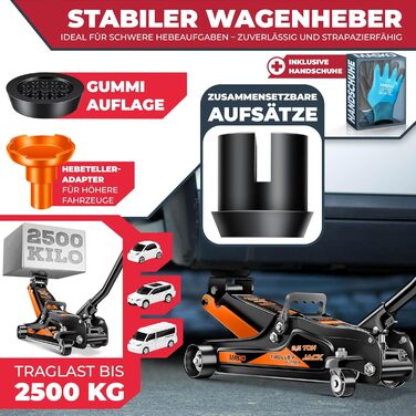 Гідравлічний домкрат MASKO 3T з низьким профілем 85-460мм, 3 гумові накладки, для автомобілів SUV, 360° колеса, рукавички в комплекті, підставка для ремонту (до 2.5 тонн, помаранчевий)