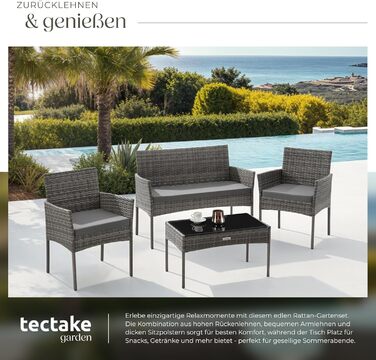 Набір садово-розкладних меблів tectake® з ротангу: банкетка, 2 крісла, столик, подушки, для балкона/тераси (сірий)