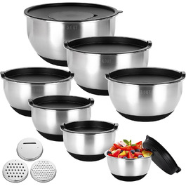 Набір мисок з нержавіючої сталі, 7 шт. з кришкою, тертки, для випічки та зберігання, стакові, універсальні, придатні для миття в посудомийній машині (0,63/1/1,5/2/3/4/5 QT)