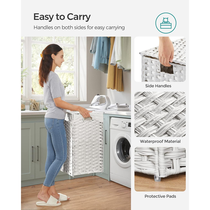 Кошик для білизни Songmics з кришкою, 90 л, з 6 мішечками, з плетеного ротанг, для ванної кімнати, 33 x 46 x 60 см