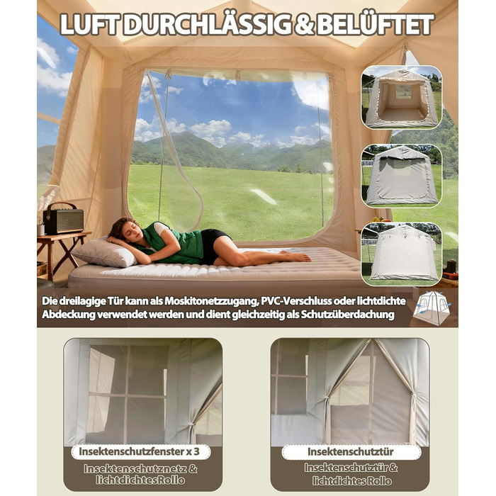 Надувний кемпінговий намет для 2-8 осіб 4 сезони Oxford, з повітряним насосом, швидке встановлення 270x270x200 см, з козирком