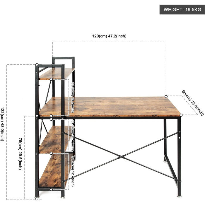 Практичний комп'ютерний стіл Oak & Tea, Стіл для ноутбука 120x60x75см Робоче місце для інтеграції з роботою та офісом з дворівневими полицями для навчання та роботи Домашній офіс Tisc (120 x 60 x 122 см)