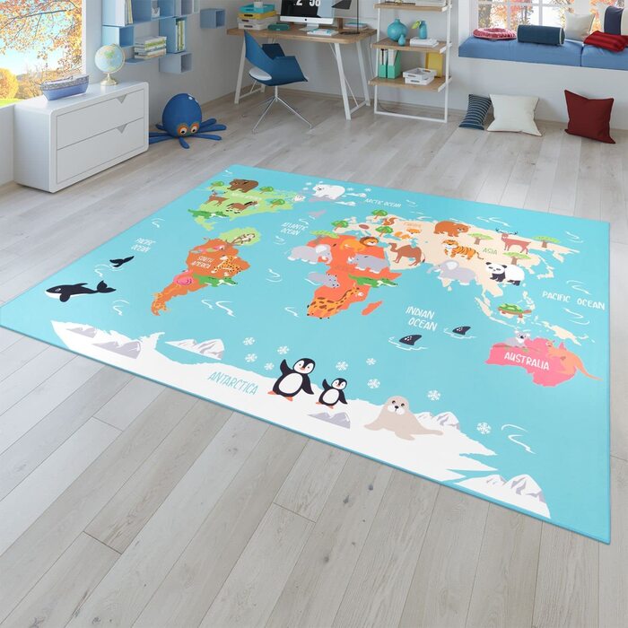 Дитячий килимок, ігровий килимок для дитячої кімнати, Карта світу із зображенням тварин зеленого кольору, розмір (140x200 см)