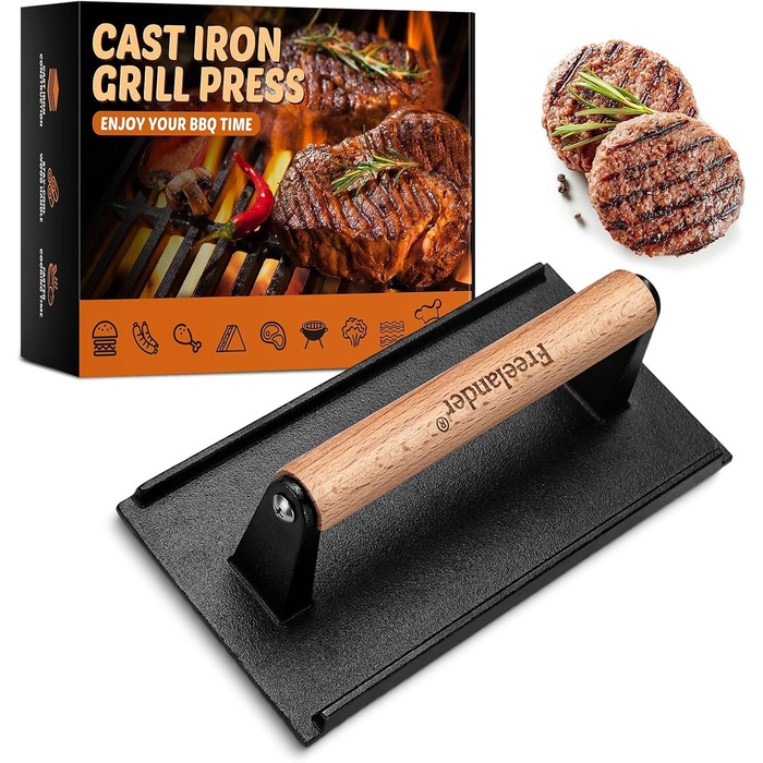 Пресс для бургерів Freelander з чавуну, набір для розчавлювання бургерів (Ø 17.6 см, 20.5 см), прес для гриля з термостійкою ручкою, великий бургерний прес для BBQ, стейків, сендвічів (чорний, прямокутний)