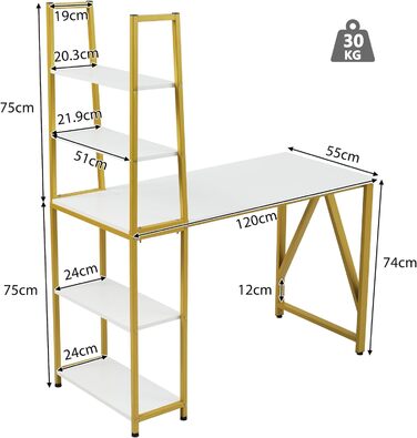 Комп'ютерний стіл Merax з 5-ярусною книжковою шафою, письмовий стіл 120 см для дому та офісу, компактний дизайн у білому та золотому кольорах