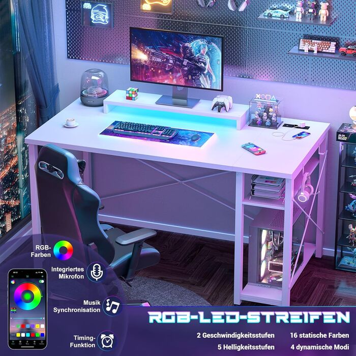 Ігровий стіл з LED-підсвічуванням та розетками, стіл для комп'ютера з USB, стіл для ПК з підставкою для монітора, сучасний офісний/робочий стіл для ігрової кімнати (білий)