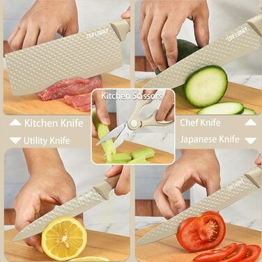 Набір кухонних ножів, 6 предметів, чорний, гострий, з антипригарним покриттям, нержавіюча сталь, з підставкою (Khaki)