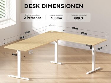 Електричний кутовий стіл WALKINGDESK 190 x 150 см з регулюванням висоти, для офісу, дому, геймінгу, з кабелеуправлінням, колір дуб