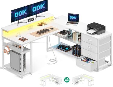 Кутовий письмовий стіл ODK з висувними ящиками, 2 розетки, 2 USB, LED, L-подібна форма, 135110см, білий, Домашній офіс