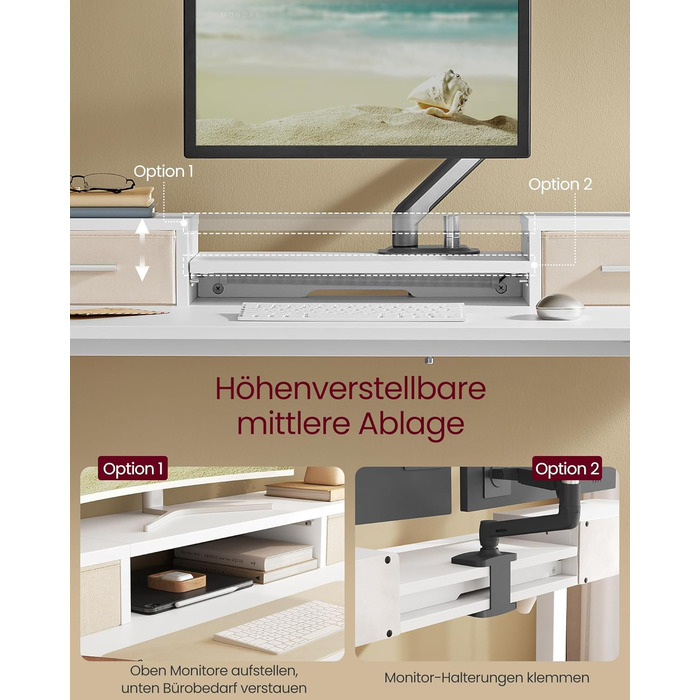 Електричний регульований стіл VASAGLE 120x60 см, білий, з підставкою для монітора, USB-роз'ємами, пам'яттю висоти