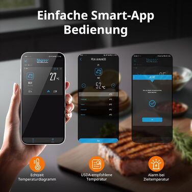 Бездротовий термометр для м'яса AIRMSEN з акумулятором 1000mAh, Bluetooth, LCD-дисплей, дальність 150м, керування через додаток, для приготування на грилі та барбекю, чорний