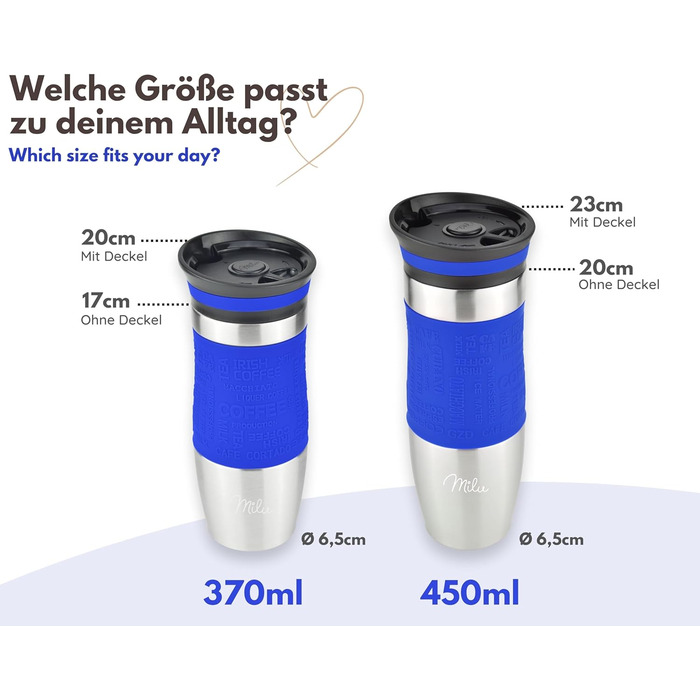 Термокружка Milu 450мл/370мл з нержавіючої сталі, 100% захист від протікання, для кави, подорожей, авто