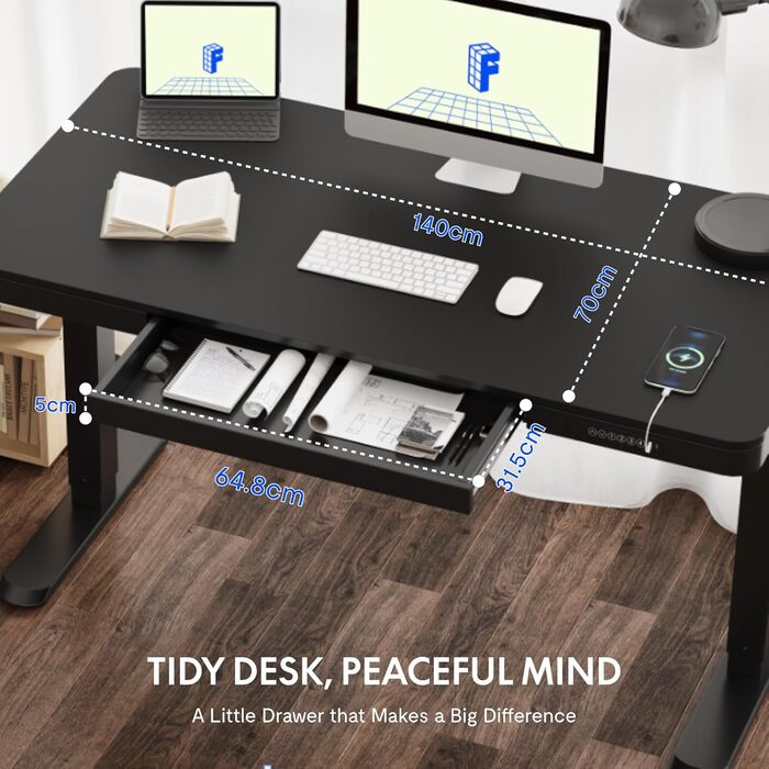 Електричний регульований стіл FLEXISPOT з підйомною функцією, USB-порт, ящик для зберігання та скляною стільницею (сніжно-білий), 140 x 70 см, Luxusschwarz