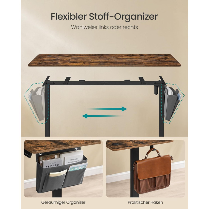 SONGMICS Стол письменний електричний, 160 x 70 см, регульована висота, 4 положення пам'яті, для офісу, вінтажний коричневий, LSD136K01