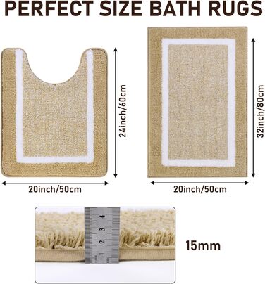М'який килимок для ванної кімнати Pauwer Set 3 шт., мікрофібра, вбираючий, з антиковзаючим покриттям, комплект килимків для ванної, туалетного килимка та килимка перед ванною (Бежевий, 50x80+50x60 см)