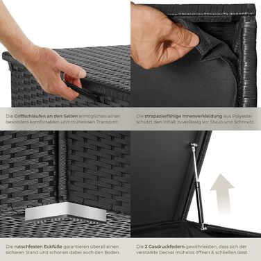 Скриня для зберігання садових речей Tectake з алюмінію та ротангу, 750л, чорна - водонепроникна, з газовими амортизаторами, стійка до УФ-випромінювання та іржі (145x82,5x79,5 см)