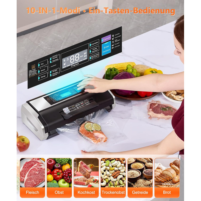 Вакууматор MZROT для продуктів харчування, -95кПа, 230Вт, з подвійним швом, 10 режимів (сухий/вологий), вбудованим різаком, чорно-сріблястий (в комплекті рулон та 15 пакетів)