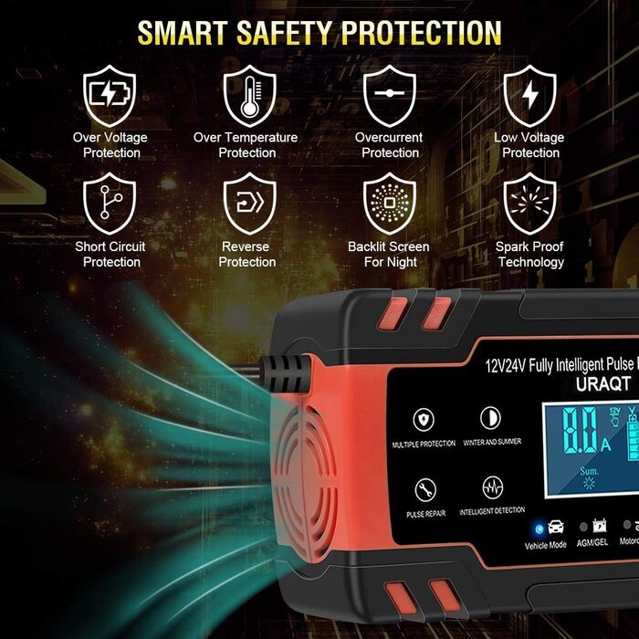 Зарядний пристрій для акумулятора URAQT 8A: 12V/24V, розумний, автоматичний, з LCD, для авто, вантажівок, мотоциклів, човнів