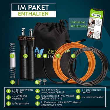 Скакалка ZenRope, швидкісна скакалка з шарикопідшипником, професійна скакалка для дорослих, регульована по довжині, з урахуванням ваги і ваги. Додатковий сталевий трос, електронна книга, керівництво по посадці і сумка, довжина мотузки 3 м (Помаранчевий)