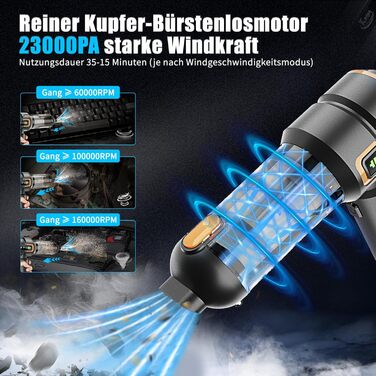 Акумуляторний ручний пилосмок для авто та дому 23000Па, міні-пилосмок з функцією продувки та насоса, 6000mAh, чорно-золотий