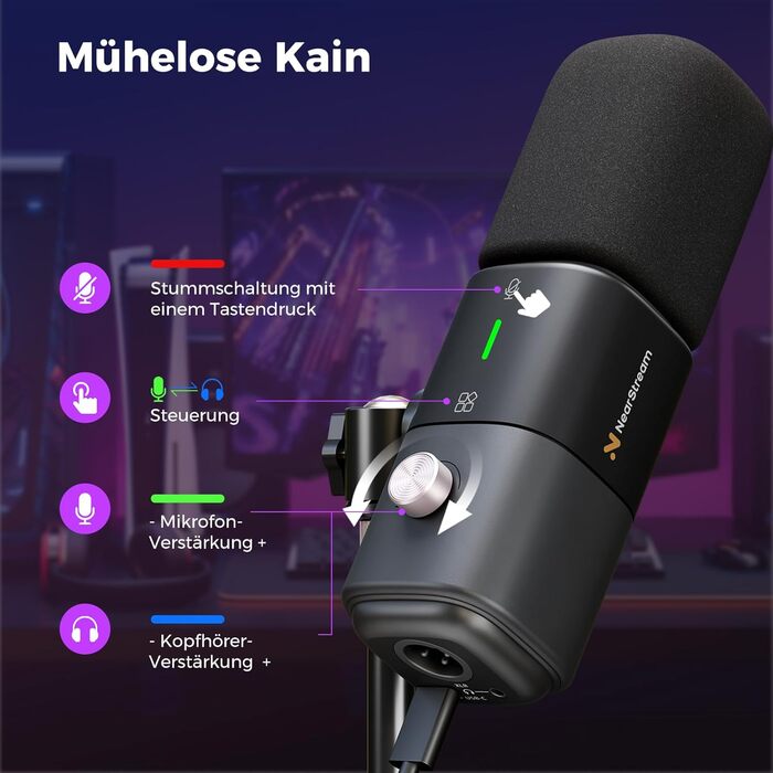 Kondensторний мікрофон NearStream AM25X USB/XLR зі стійкою: Набір для подкастів, стримінгу, студії та ігор на PC/PS5/PS4. З функцією моніторингу та шумозаглушенням.