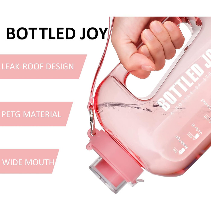 Пляшка для води Micacron BOTTLED JOY, пляшка для води об'ємом 1 галон із трекером часу, велика спортивна пляшка без бісфенолу А, пляшка з водою з відкидною кришкою Герметична пляшка для напоїв для фітнес-залу Домашній офіс на відкритому повітрі (рожева, 1