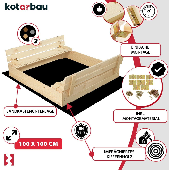Пісочниця KOTARBAU® з кришкою, 120x120 см, дерево, з лавками
