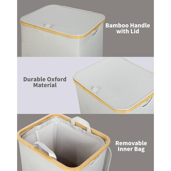 Великий кошик для білизни з кришкою, 100 л, з бамбуковими ручками, для зберігання одягу та іграшок, складний, з внутрішньою кишенею, для спальні та ванної кімнати