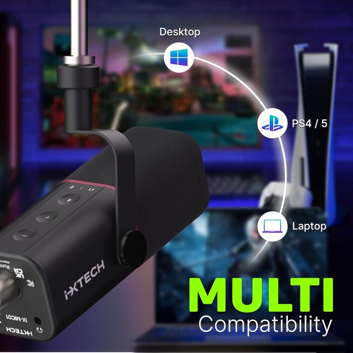 Динамічний мікрофон IXTECH з кардіоїдною діаграмою, RGB підсвічуванням, USB/XLR для студії, подкастів, стрімів, вокалу, озвучування, білий (чорний, M)