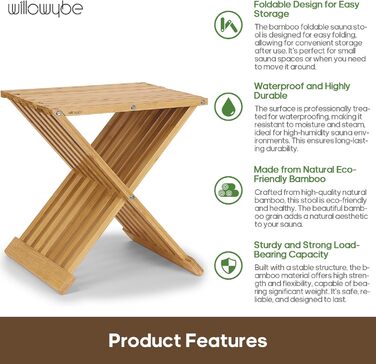 Складаний табурет для сауни та душу WILLOWYBE – водонепроникна бамбукова лавка, багатофункціональний стілець для ванної кімнати та парної, натуральний колір