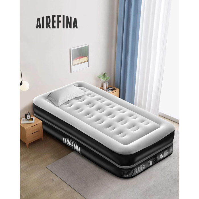Надувне ліжко Airefina 203 x 152 x 41 см із вбудованим насосом, надувний матрац преміум-класу, самонадувний, надувний матрац швидкого надування/здування, надувний матрац з флокованою поверхнею для гостей, кемпінг, 295 кг MAX (одномісний)