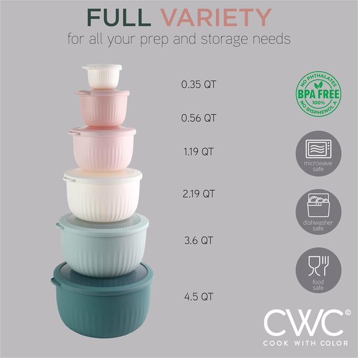 Набір мисок COOK WITH COLOR 12 шт. з кришкою, блакитно-зелений, глибокі, з можливістю складання, пластик