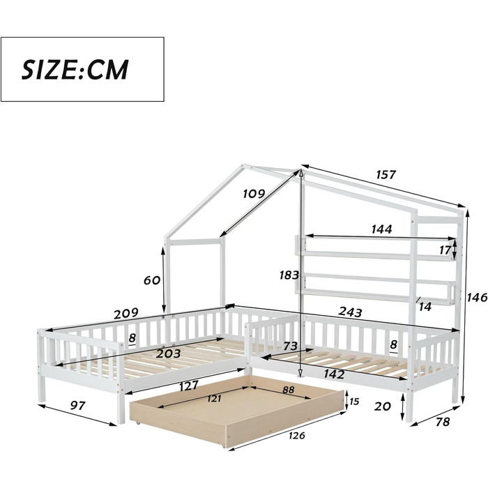 Ліжко Merax house з ящиками і полицями, дитяче ліжечко 90х200 см і 140х70см, ігрове ліжко з масиву дерева з огорожею і рейковою основою, L-подібна конструкція, для 2-х дитячих двоспальне ліжко, (біле двоспальне ліжко)