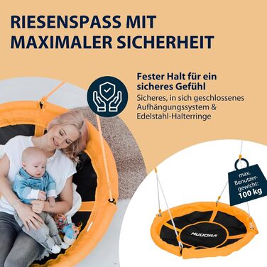 Шоукель HUDORA Nestschaukel 110 - зелено-помаранчевий, до 100 кг, діаметр 110 см, для дому та вулиці, регульована висота, сімейний, для дітей та дорослих