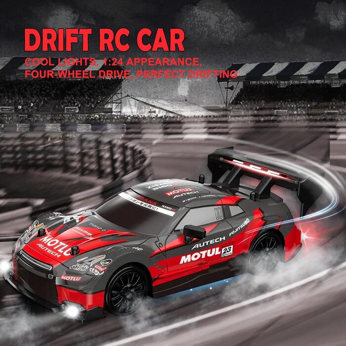 RC Дрифт-кар 1:24 4WD 2.4GHz, радіокерування, 2 батареї, LED, червоно-чорний, для дітей