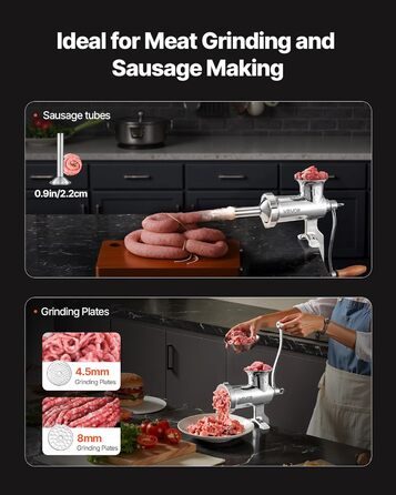 М'ясорубка ручна VEVOR з нержавіючої сталі 304, насадки 4.5/8 мм, для фаршу та ковбас, срібляста (#10)
