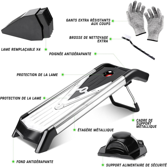 Машхом Мультиінструмент для нарізки овочів 5-в-1, Mandoline з нержавіючої сталі, тертка для овочів, фруктів, картоплі, помідорів, цибулі, 40см, з рукавичками