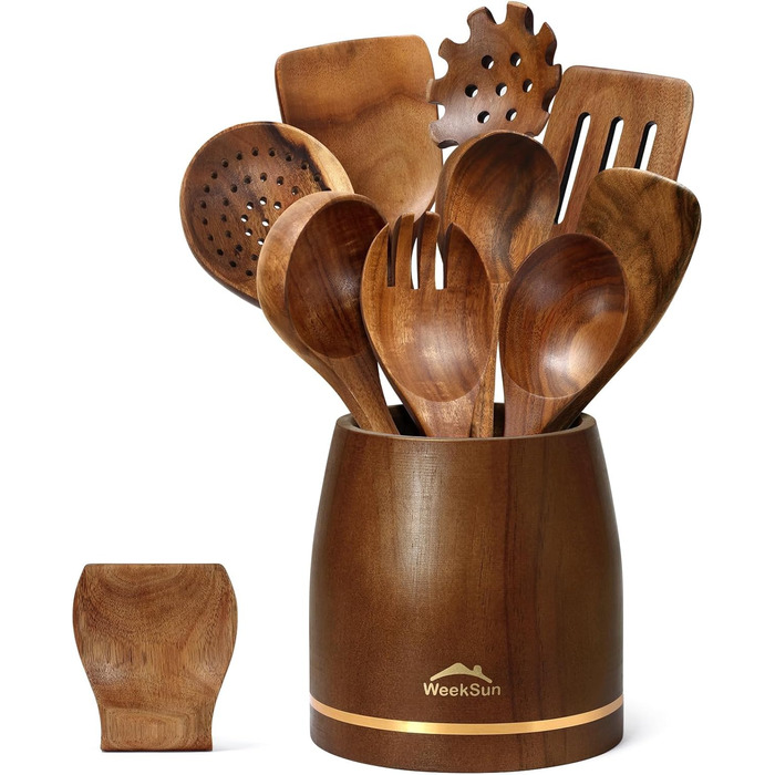 Набір кухонних аксесуарів з дерева (10 шт) з підставкою, лопатки, половники, половники для супу, ложки для салатів, виделки та ложки для салатів, набір кухонних аксесуарів з текового дерева, подарунок для кухарів та дому