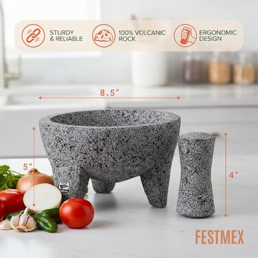 Механічний мексиканський млинок для спецій та соусів Molcajete з вулканічного каменю, 20,3 см