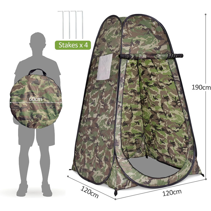 Намет для душу HOMASIS з сумкою, портативний переодягальня для кемпінгу, туалетний намет з вікном та кишенею, душова кабіна для відпочинку на природі, 120 x 120 x 190 см, зелений (Flecktarn)