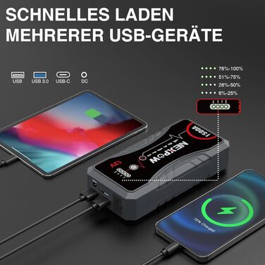 Powerbank Starthilfe NEXPOW 1500A: Зарядний пристрій для автомобіля, стартер, LED ліхтарик, USB, 12V, 1500A