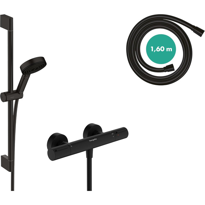 Змішувач Hansgrohe Ecostat Element для ванної кімнати з термостатом (SafetyStop 40°C), для 2 споживачів, комплект з душовою лійкою та штангою 65 см (Mattschwarz)