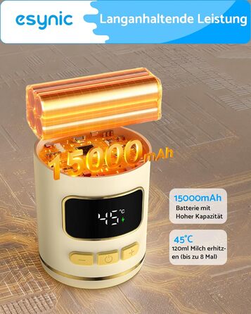 eSynic Підігрівач для пляшечок 450 мл з акумулятором 15000mAh, нержавіюча сталь 316, швидкий нагрів за 2-3 хв, для грудного молока та води, USB-C, BPA-free, для подорожей та нічного годування