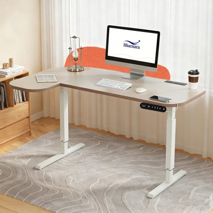 Електричний кутовий стіл з регулюванням висоти 150 см, L-подібний, з 4-ма пам'ятями, з'єднувальна панель, для дому та офісу (150x68 см, темно-коричневий-помаранчевий)